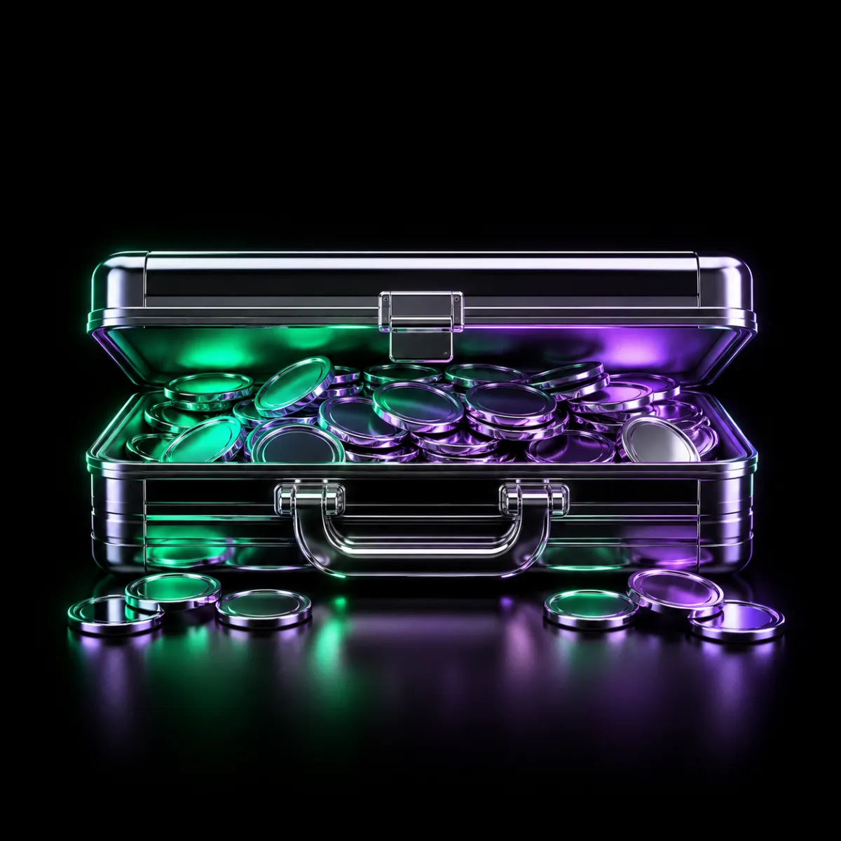 A glossy chrome briefcase slightly ajar with glowing coins spilling from the opening, illustrating executives putting their own money into their own company.
