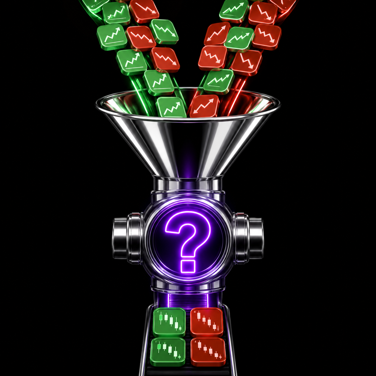 A glossy stream of green and red option-contract tiles flowing through a chrome funnel, with a question mark hovering over the intent behind them.