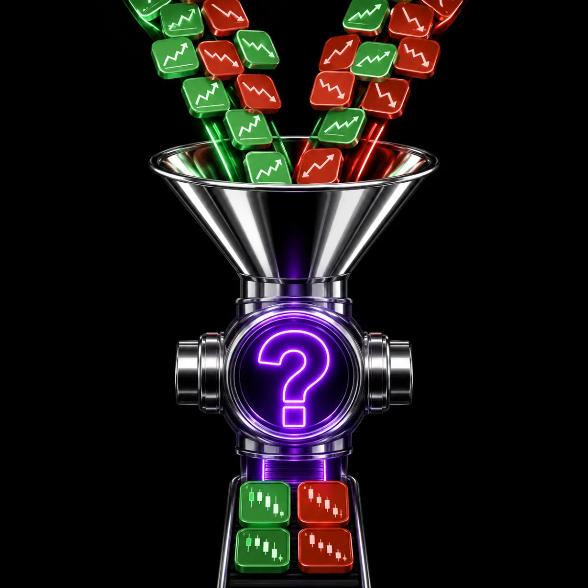 A glossy stream of green and red option-contract tiles flowing through a chrome funnel, with a question mark hovering over the intent behind them.