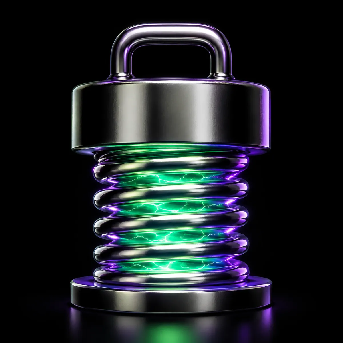 A glossy chrome coiled spring compressed under a heavy metallic weight with energy glowing between the coils, illustrating pressure stored in a heavily shorted stock.