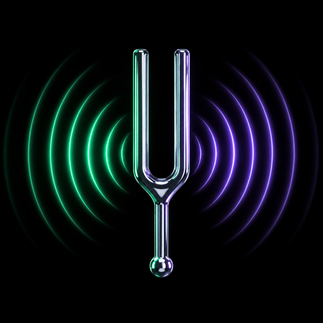 A glossy chrome tuning fork with faint glowing vibration rings expanding symmetrically to both sides against a pure black background, illustrating a size of expected movement with no direction attached.