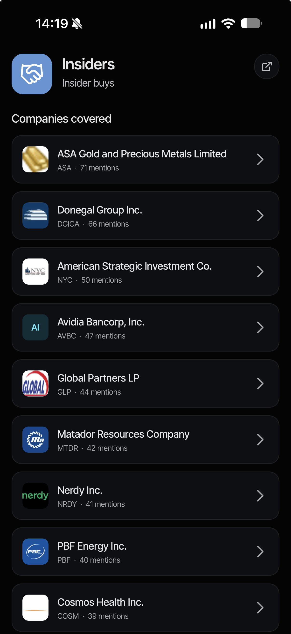 Quantral's Insiders source page: the companies with the most insider buys, led by ASA Gold and Precious Metals, Donegal Group and American Strategic Investment.