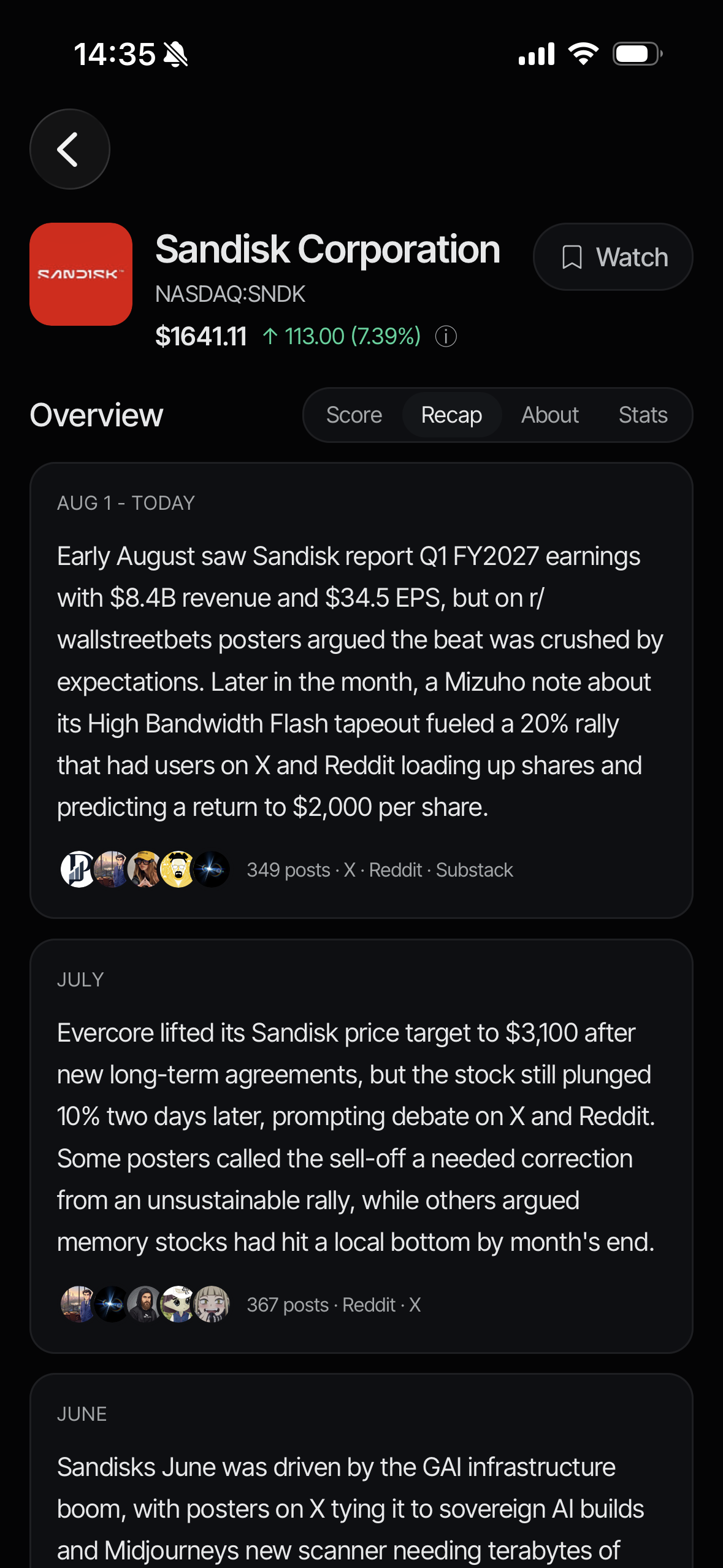 The Recap tab on SanDisk: each month's conversation summarized in plain English, with the posts behind it one tap away.